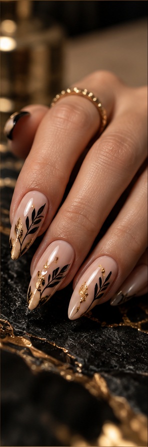 Nageldesign-Inspiration mit schwarzen und goldenen Details